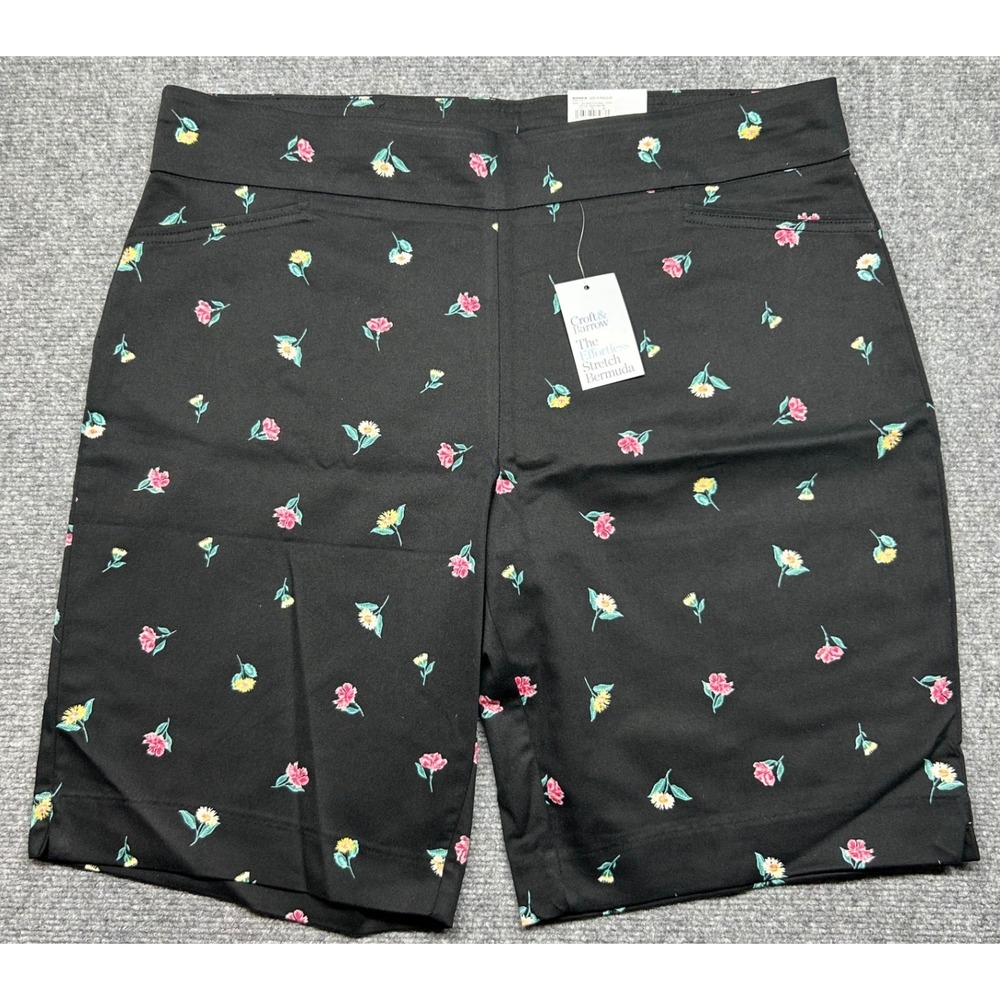 Croft & Barrow Shorts Womens 18 Regular Black Floral Comfort Stretch Bermuda New